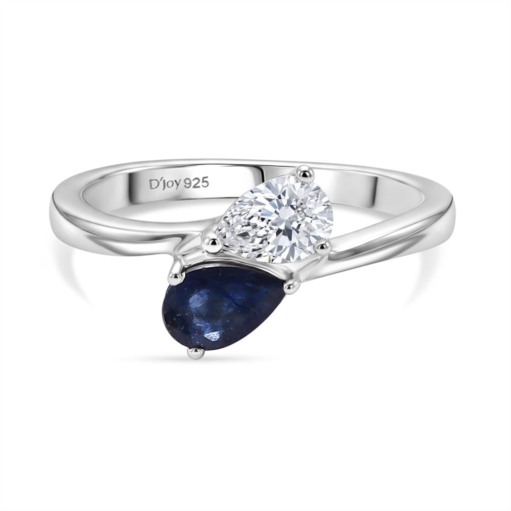 D'Joy - Masoala Sapphire & Moissanite Toi-et-Moi Ring in Rhodium Overlay Sterling Silver 1.00 Ct._8574175