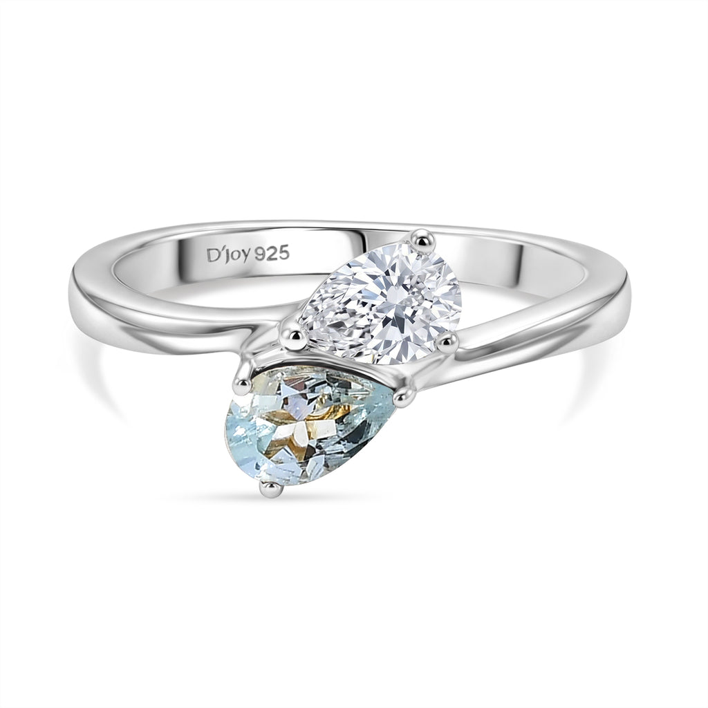 D'Joy - Skyblue Topaz & Moissanite Toi-et-Moi Ring in Rhodium Overlay Sterling Silver_8574244