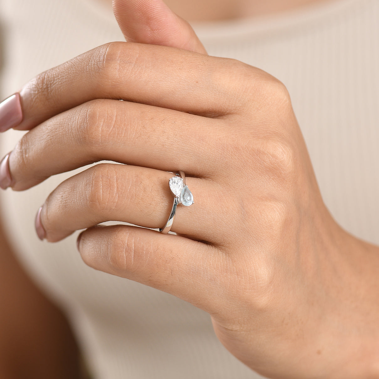 D'Joy - Skyblue Topaz &amp; Moissanite Toi-et-Moi Ring in Rhodium Overlay Sterling Silver 8574244 2