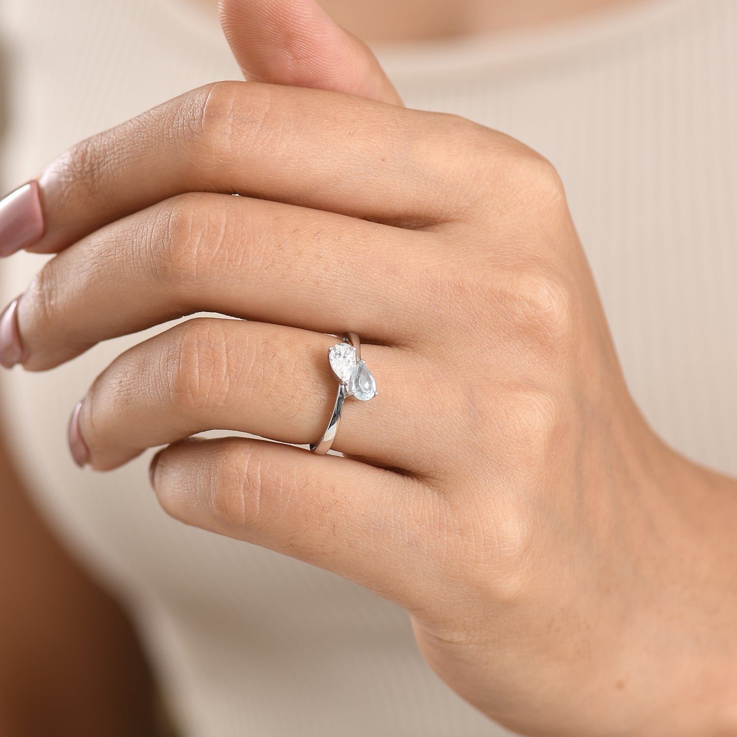 D'Joy - Skyblue Topaz &amp; Moissanite Toi-et-Moi Ring in Rhodium Overlay Sterling Silver 8574244 2