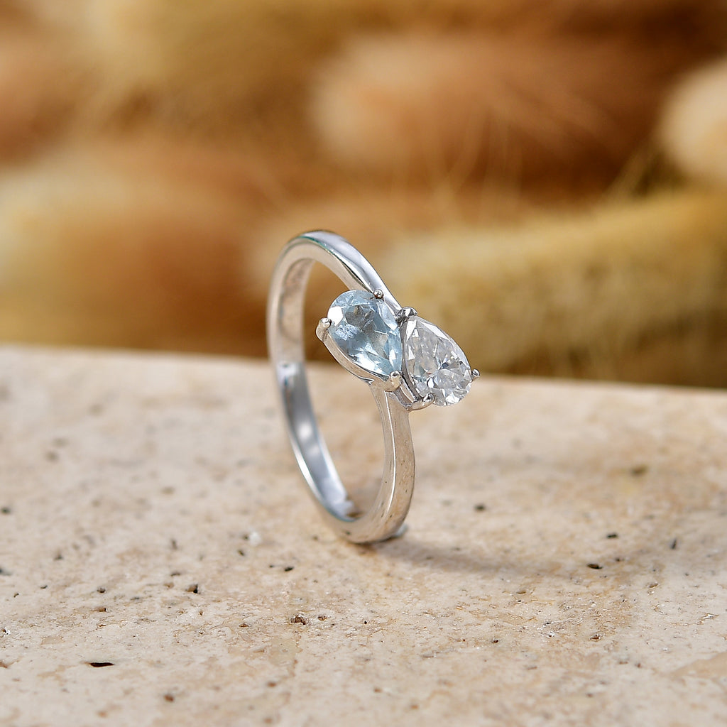 D'Joy - Skyblue Topaz & Moissanite Toi-et-Moi Ring in Rhodium Overlay Sterling Silver_8574244_2