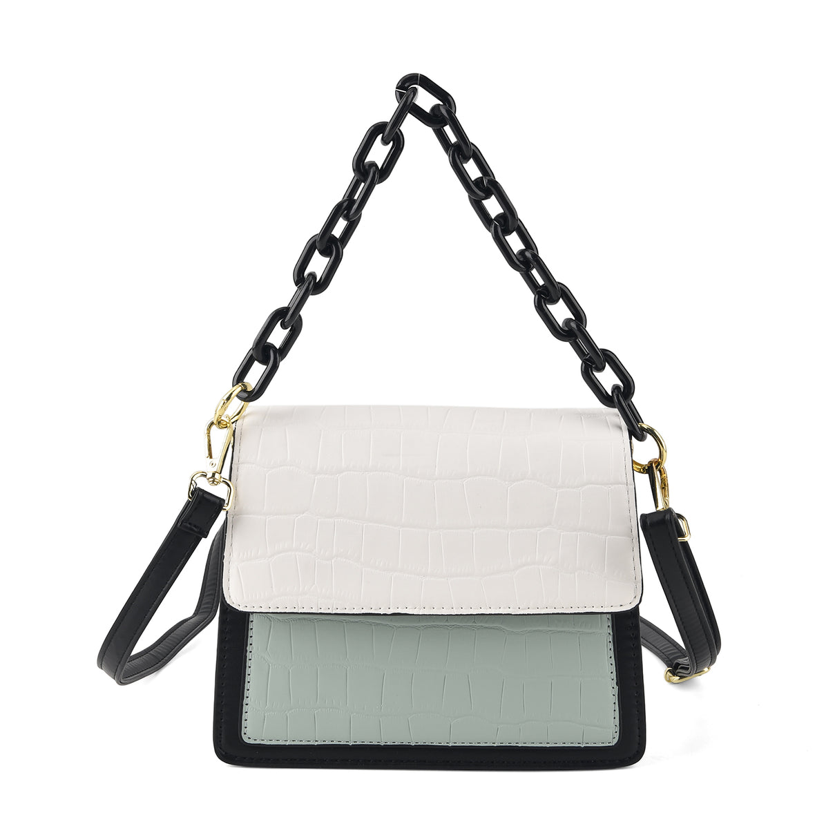 Designer Inspired - Colourblocked Crossbody Bag with Chunky Chain Top Handle &amp; Detachable Shoulder Strap - Yellow, White &amp; Brown 8574390 0