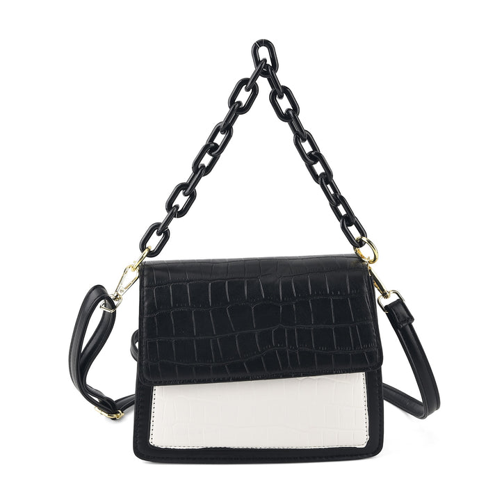 Designer Inspired - Colourblocked Crossbody Bag with Chunky Chain Top Handle &amp; Detachable Shoulder Strap - Black &amp; White V32641894 1