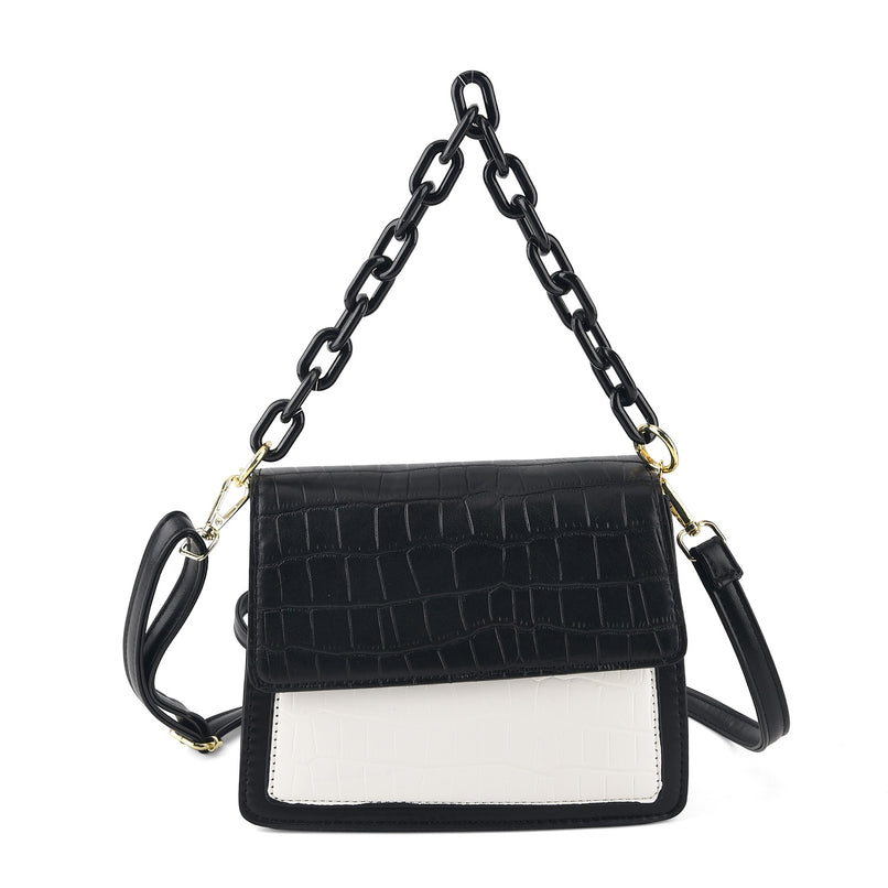 Designer Inspired - Colourblocked Crossbody Bag with Chunky Chain Top Handle & Detachable Shoulder Strap - Black & White_8574392