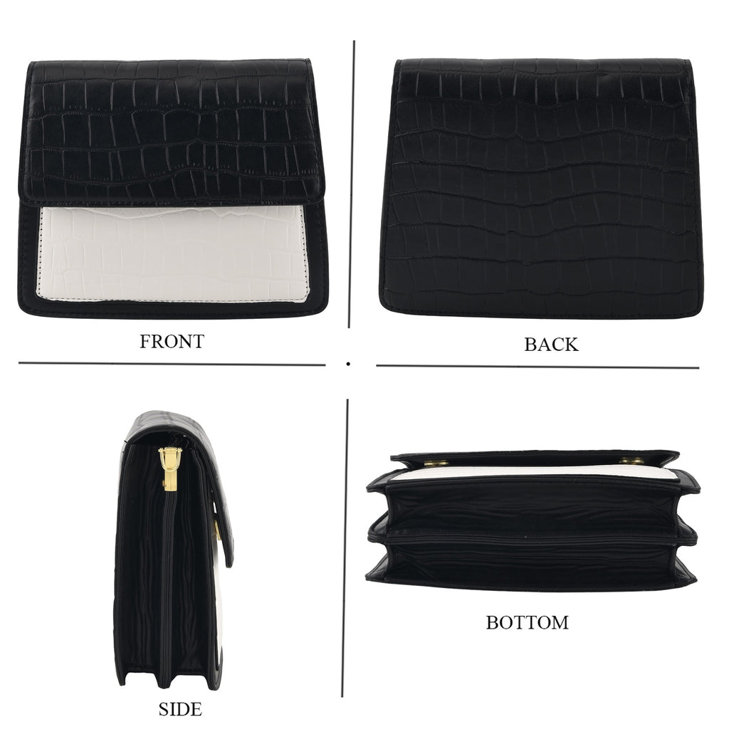 Designer Inspired - Colourblocked Crossbody Bag with Chunky Chain Top Handle & Detachable Shoulder Strap - Black & White_8574392_3
