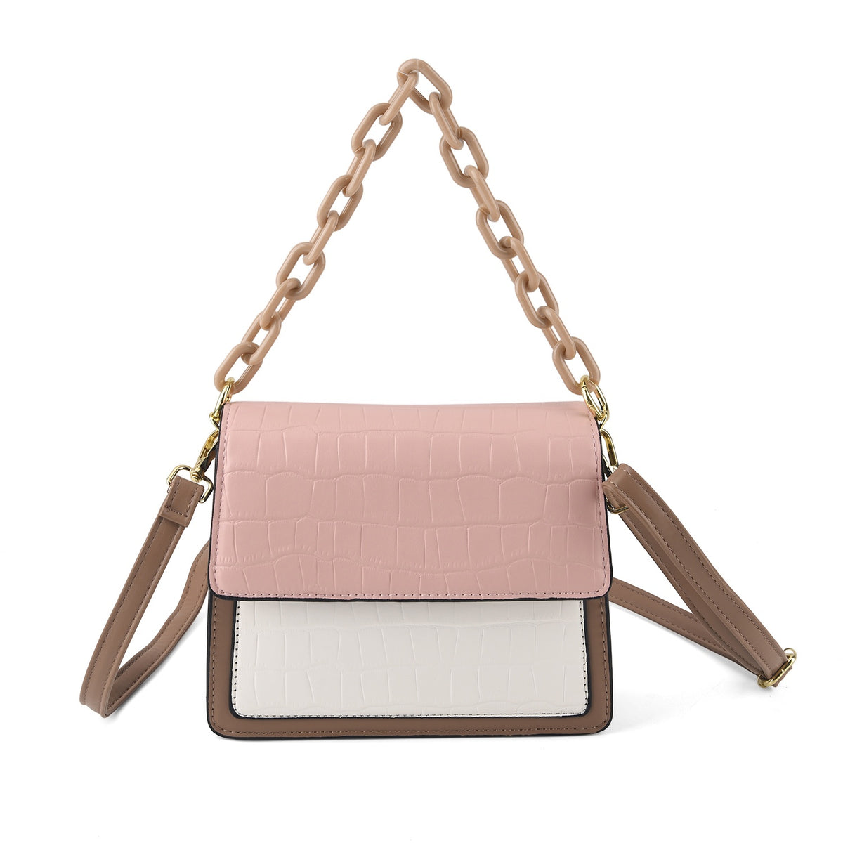 Designer Inspired - Colourblocked Crossbody Bag with Chunky Chain Top Handle &amp; Detachable Shoulder Strap - Pink &amp; White V32635913 0