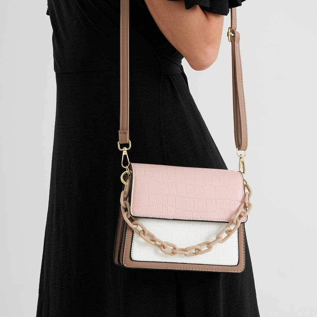 Designer Inspired - Colourblocked Crossbody Bag with Chunky Chain Top Handle & Detachable Shoulder Strap - Pink & White_8574393_2