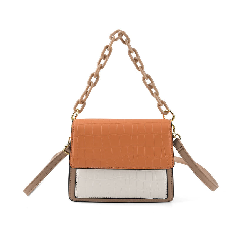 Designer Inspired - Colourblocked Crossbody Bag with Chunky Chain Top Handle & Detachable Shoulder Strap - Orange White & Brown_8574409