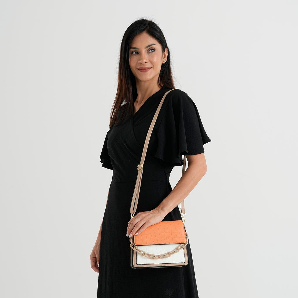 Designer Inspired - Colourblocked Crossbody Bag with Chunky Chain Top Handle & Detachable Shoulder Strap - Orange White & Brown_8574409_1