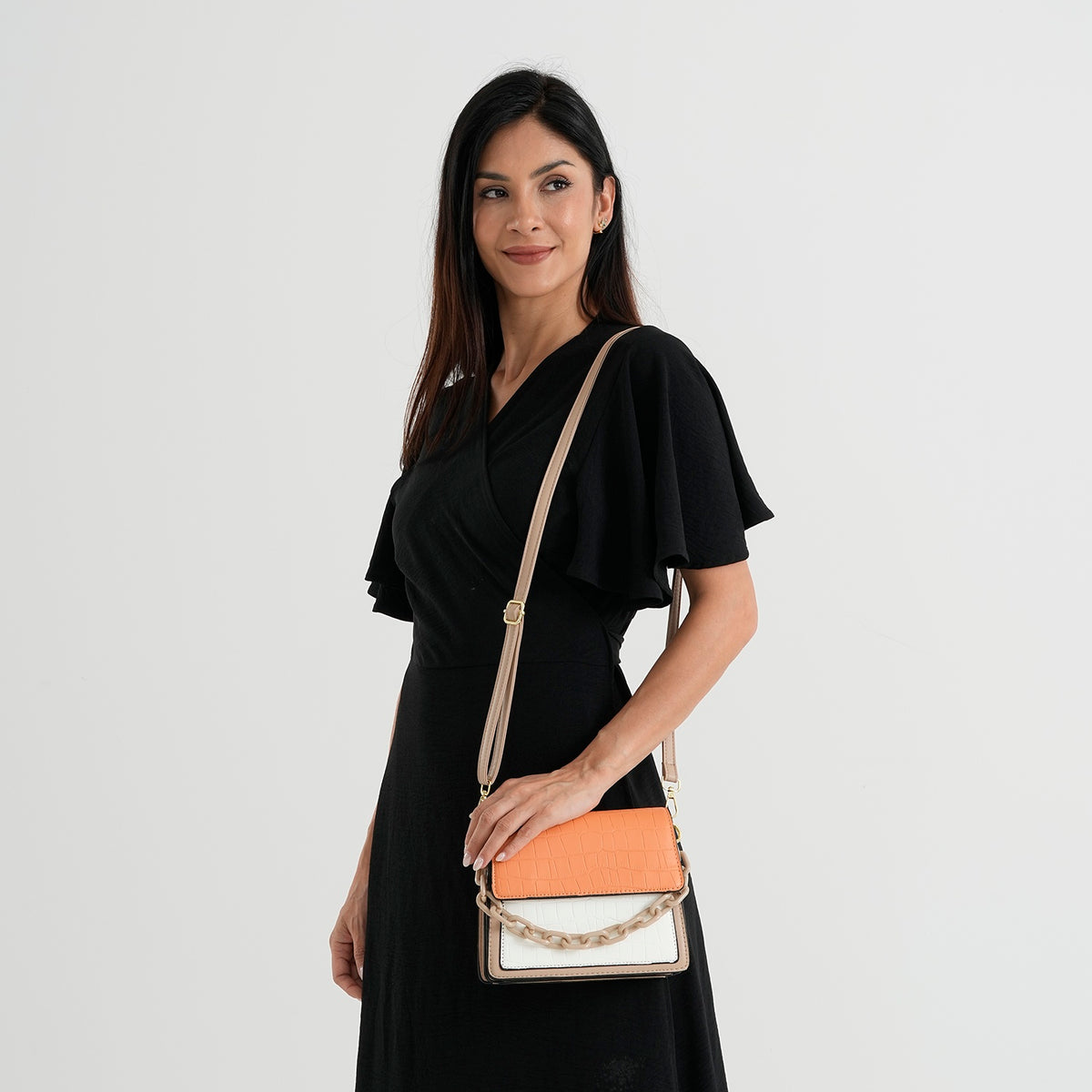 Designer Inspired - Colourblocked Crossbody Bag with Chunky Chain Top Handle &amp; Detachable Shoulder Strap - Orange White &amp; Brown V32636196 2