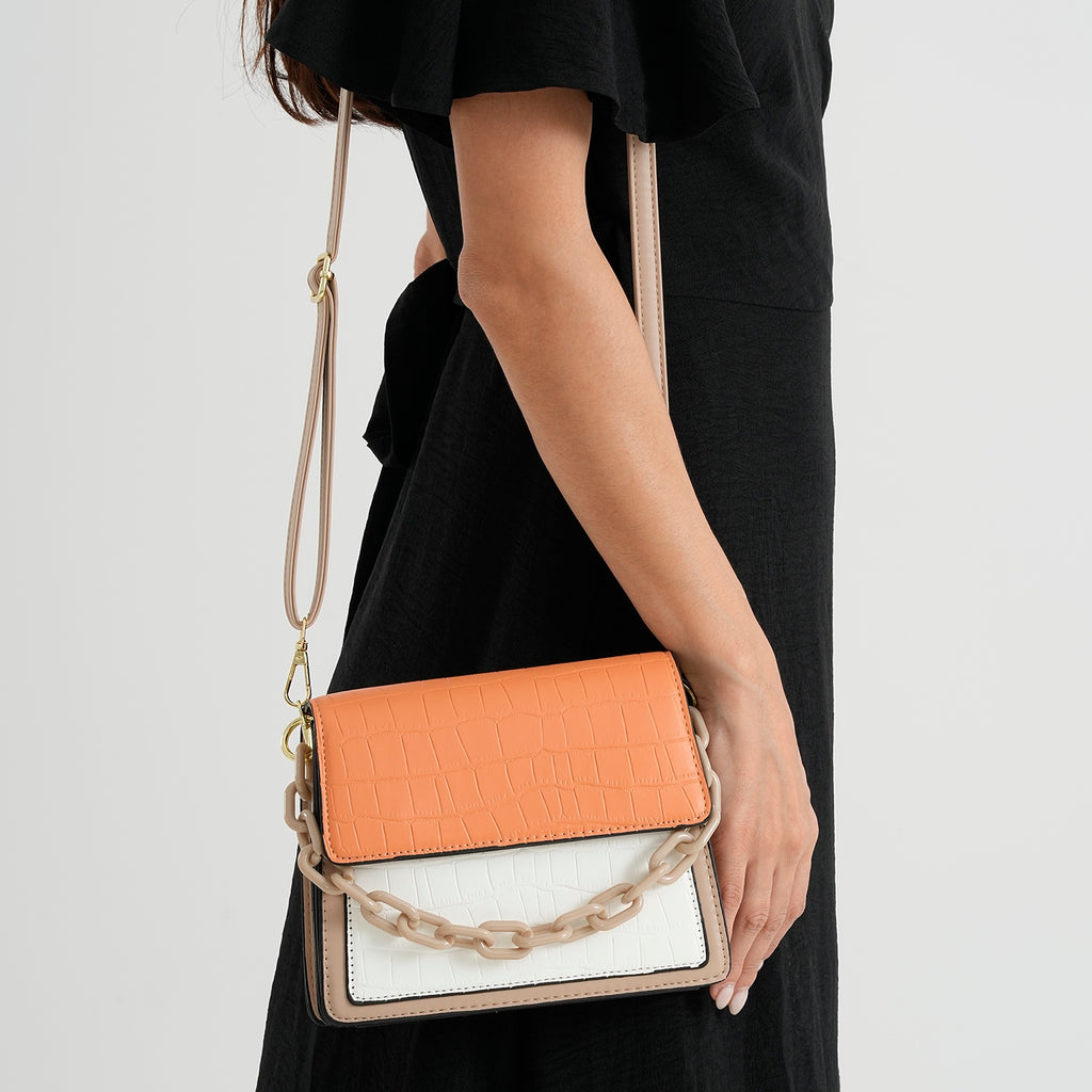 Designer Inspired - Colourblocked Crossbody Bag with Chunky Chain Top Handle & Detachable Shoulder Strap - Orange White & Brown_8574409_2