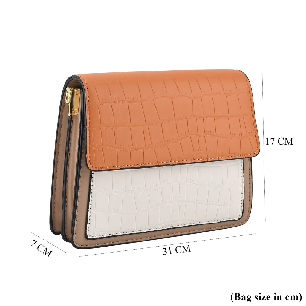 Designer Inspired - Colourblocked Crossbody Bag with Chunky Chain Top Handle & Detachable Shoulder Strap - Orange White & Brown_8574409_5