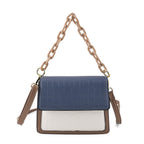 Designer Inspired - Colourblocked Crossbody Bag with Chunky Chain Top Handle & Detachable Shoulder Strap - Dusty Blue, White & Brown_8574410