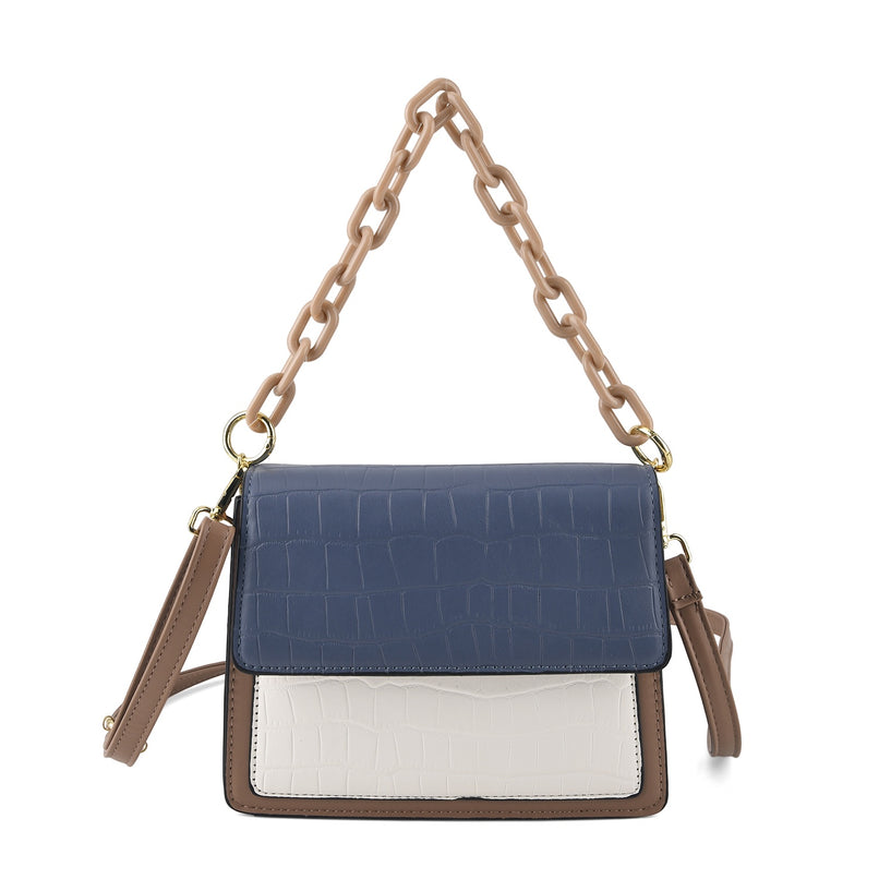 Designer Inspired - Colourblocked Crossbody Bag with Chunky Chain Top Handle & Detachable Shoulder Strap - Dusty Blue, White & Brown_8574410