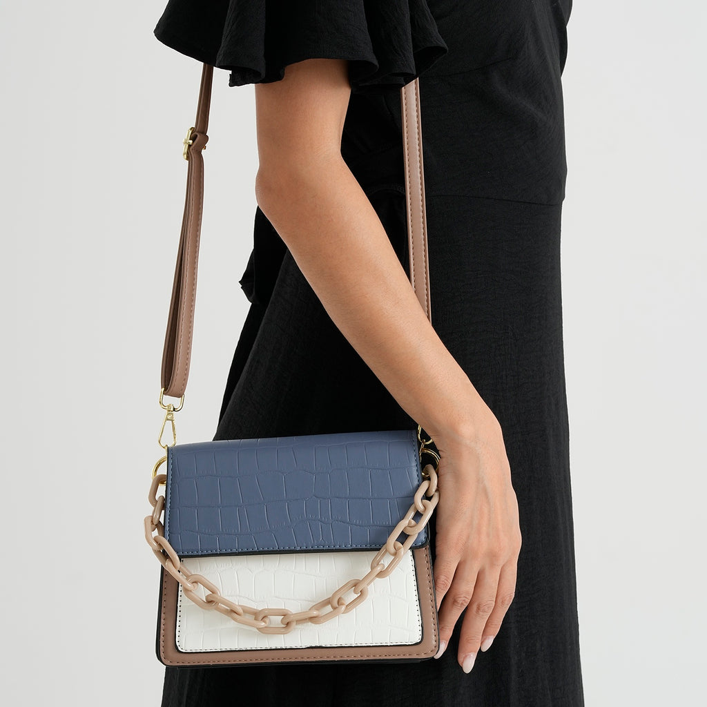 Designer Inspired - Colourblocked Crossbody Bag with Chunky Chain Top Handle & Detachable Shoulder Strap - Dusty Blue, White & Brown_8574410_2