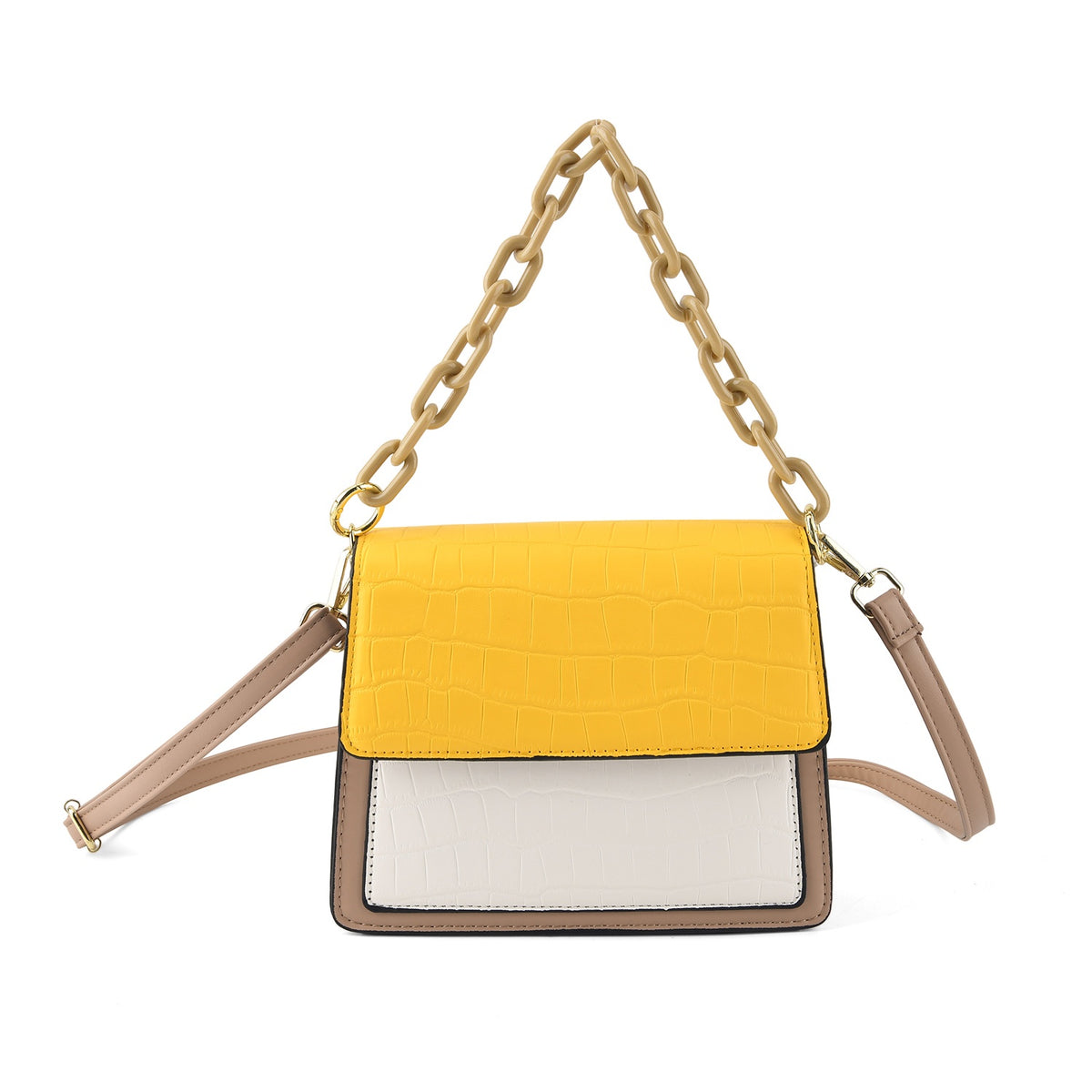 Designer Inspired - Colourblocked Crossbody Bag with Chunky Chain Top Handle &amp; Detachable Shoulder Strap - Yellow, White &amp; Brown V32638500 0