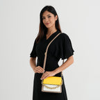 Designer Inspired - Colourblocked Crossbody Bag with Chunky Chain Top Handle & Detachable Shoulder Strap - Yellow, White & Brown_8574416_1