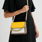 Designer Inspired - Colourblocked Crossbody Bag with Chunky Chain Top Handle & Detachable Shoulder Strap - Yellow, White & Brown_8574416_2