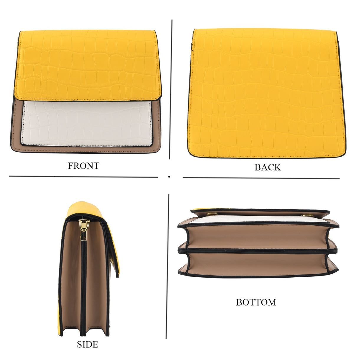 Designer Inspired - Colourblocked Crossbody Bag with Chunky Chain Top Handle &amp; Detachable Shoulder Strap - Yellow, White &amp; Brown V32638500 4