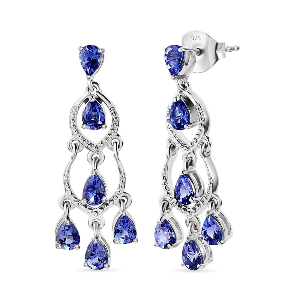 D'Joy - Tanzanite Dangling Earring with Push Back in Rhodium Overlay Sterling Silver 2.04 Ct._8574437