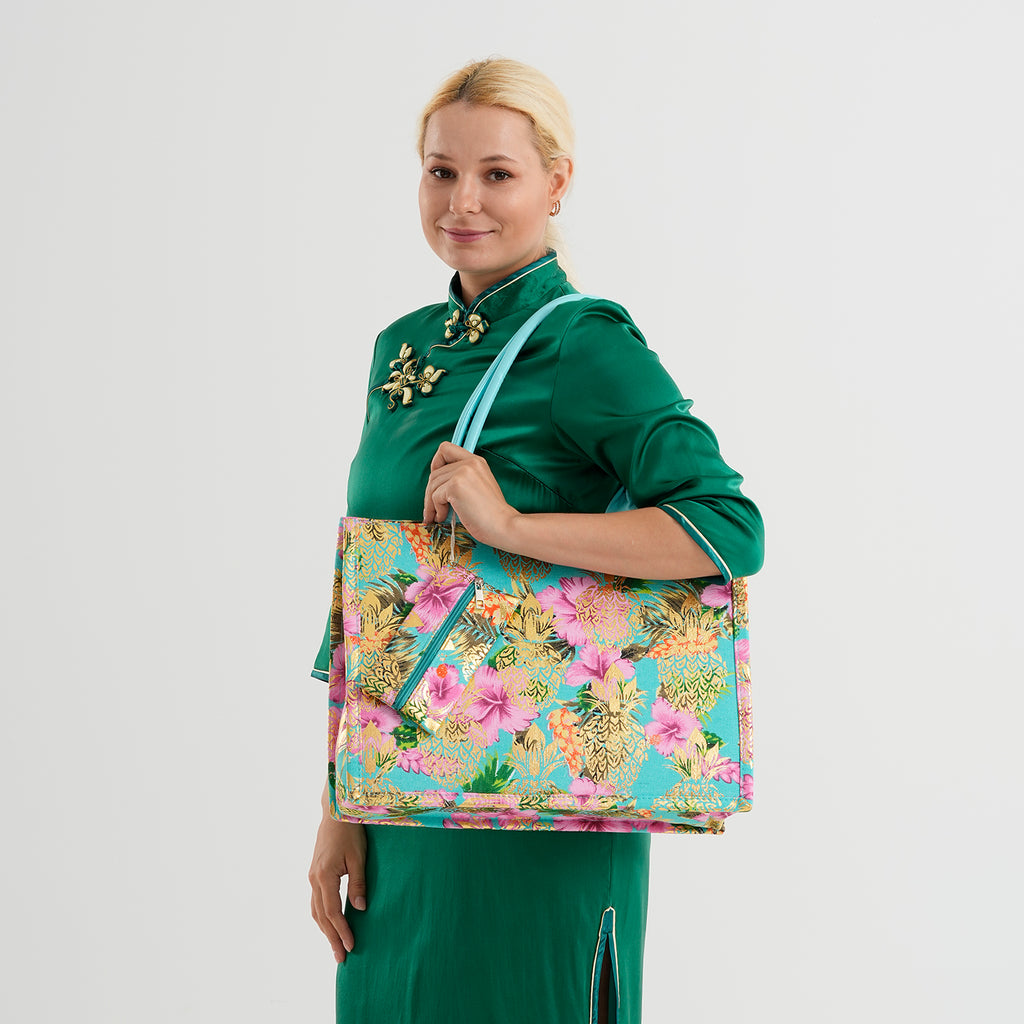 Set of 2 Bahamas Printed Tote Bag with Matching Coin Pouch - Green & Pink_8574463_2