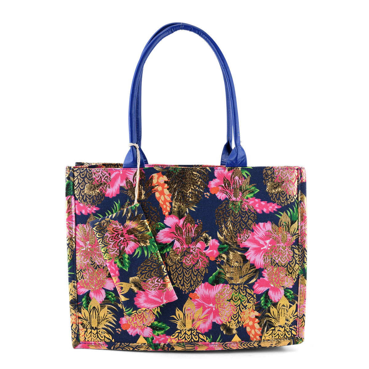 Set of 2 Bahamas Pink Flower Printed Tote Bag with Matching Coin Pouch - Navy V32514471 0