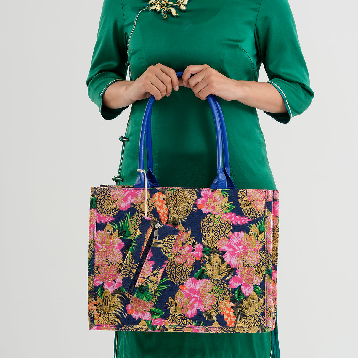Set of 2 Bahamas Pink Flower Printed Tote Bag with Matching Coin Pouch - Navy V32514471 3
