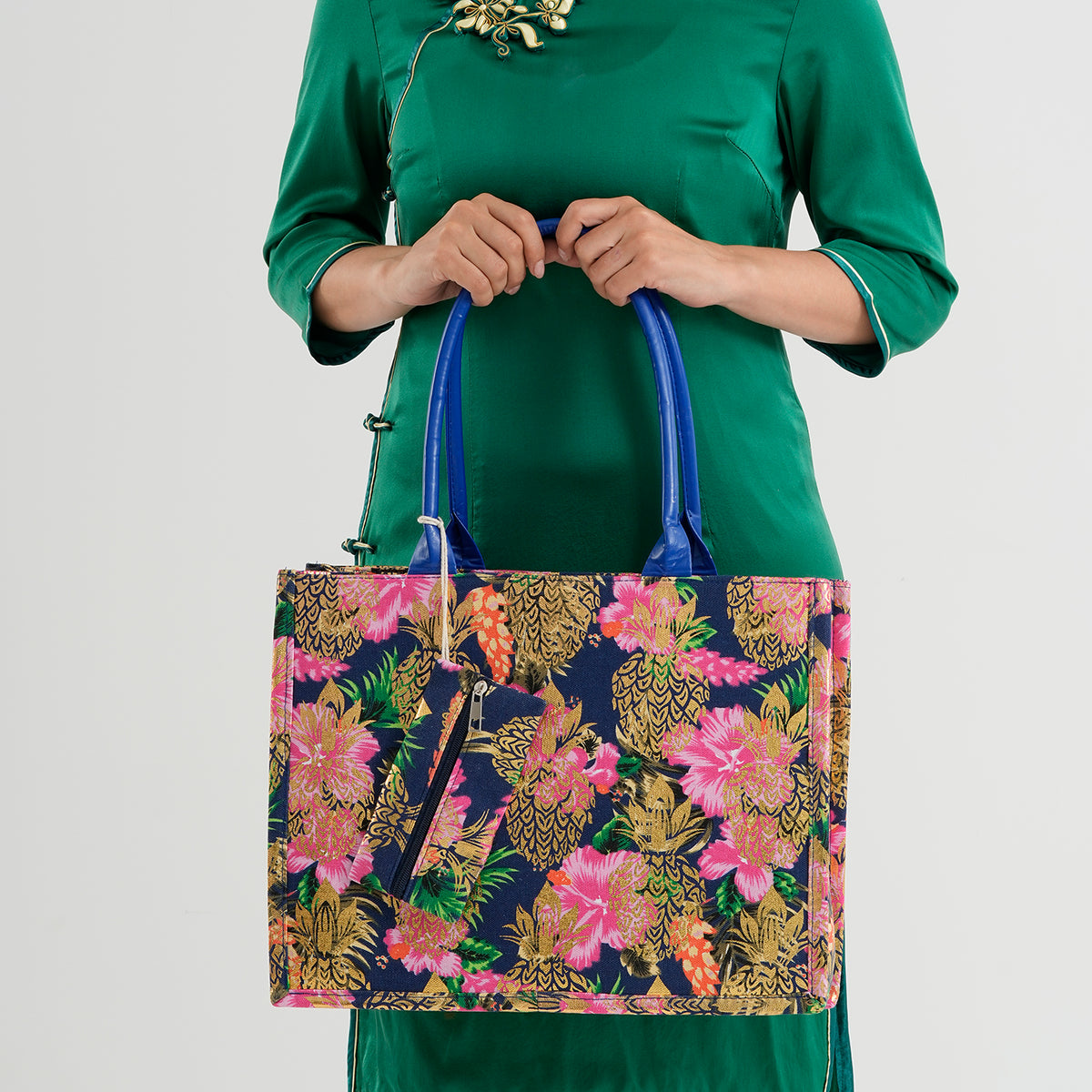 Set of 2 Bahamas Pink Flower Printed Tote Bag with Matching Coin Pouch - Navy V32514471 3