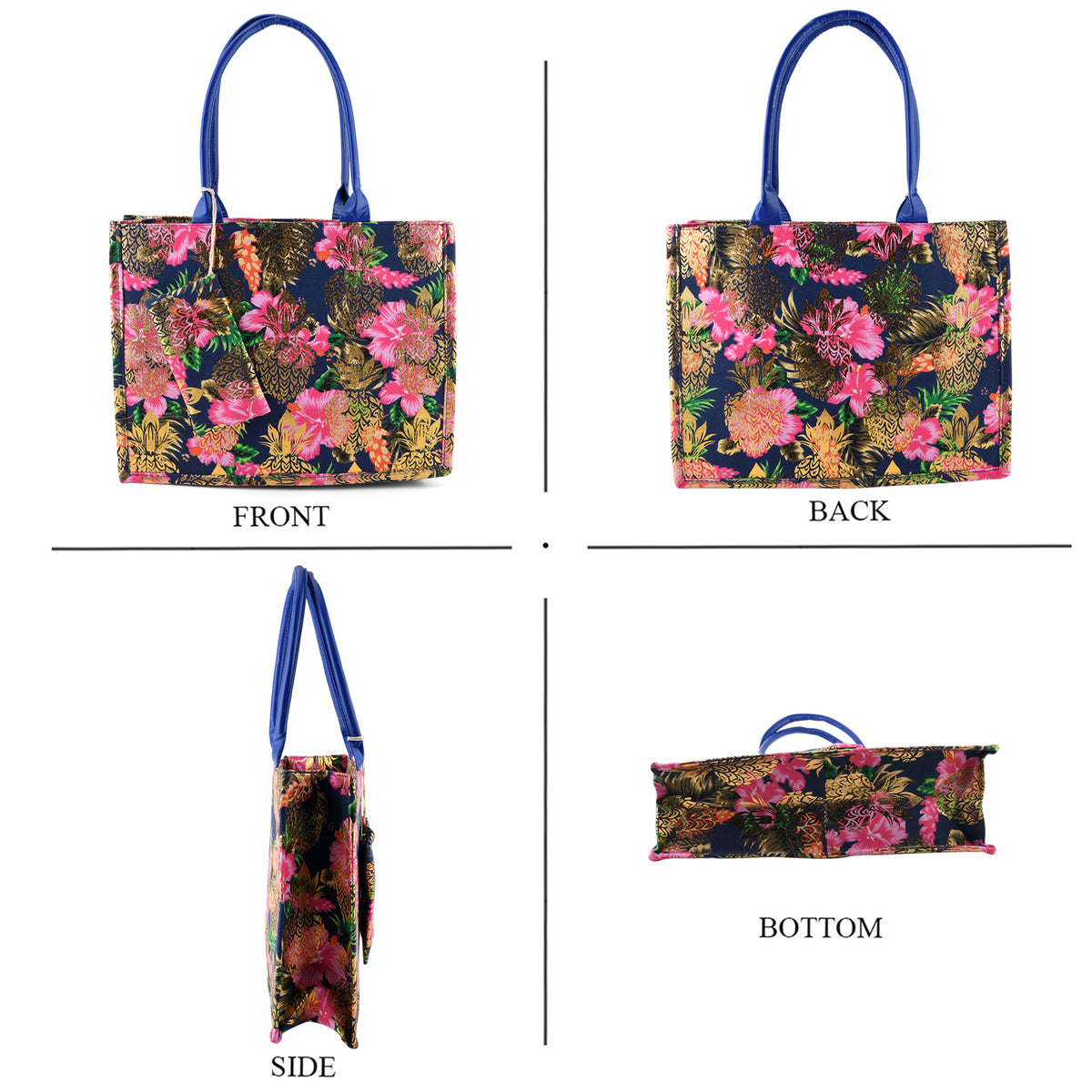 Set of 2 Bahamas Pink Flower Printed Tote Bag with Matching Coin Pouch - Navy V32514471 4