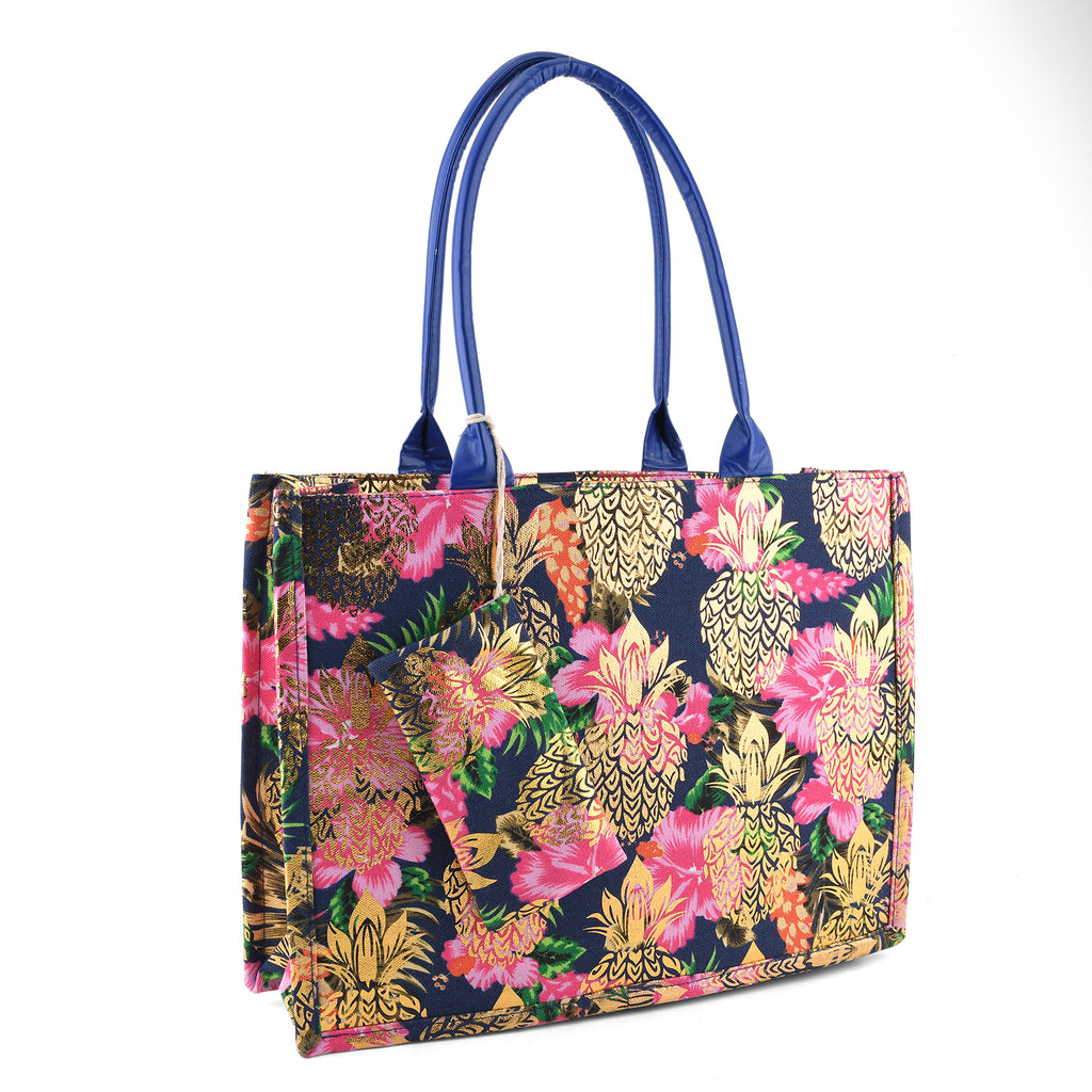 Set of 2 Bahamas Pink Flower Printed Tote Bag with Matching Coin Pouch - Navy_8574464_6