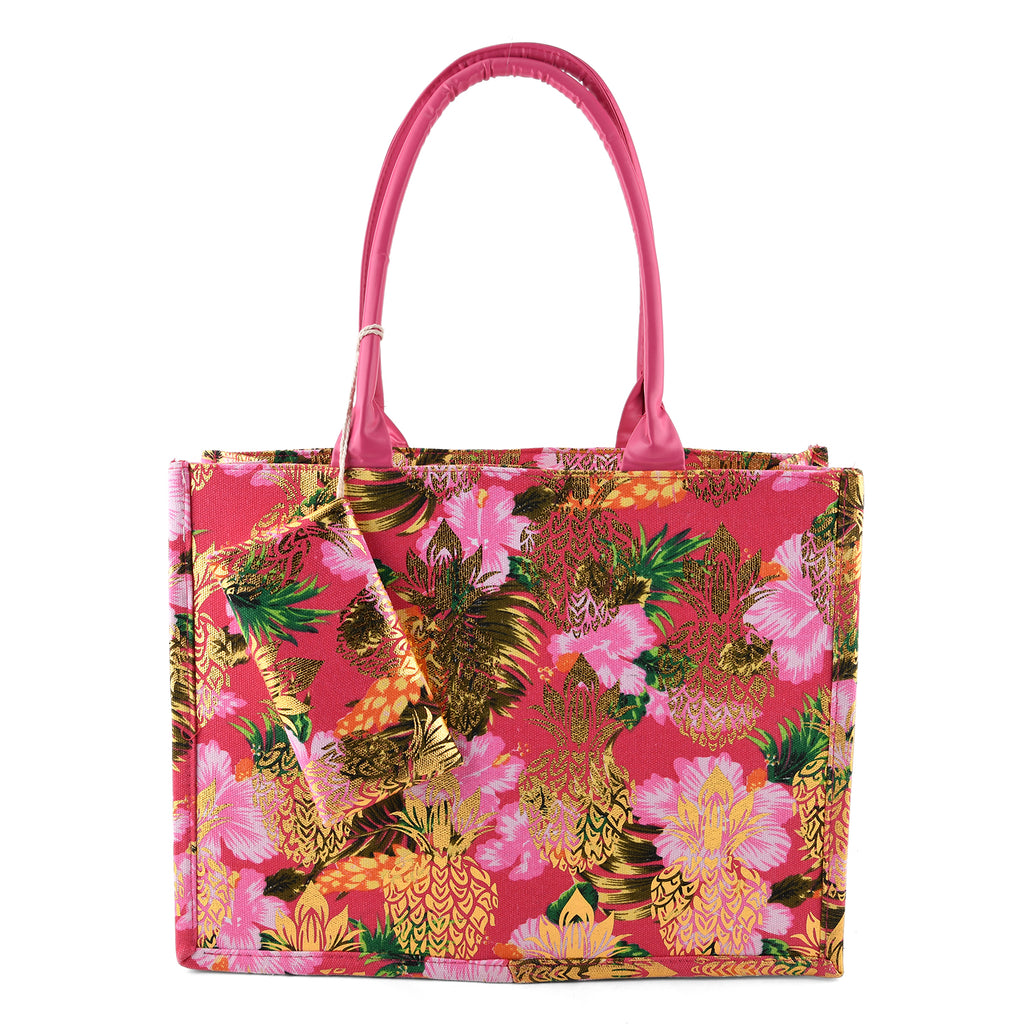 Set of 2 Bahamas Pink Flower Printed Tote Bag with Matching Coin Pouch - Red_8574465