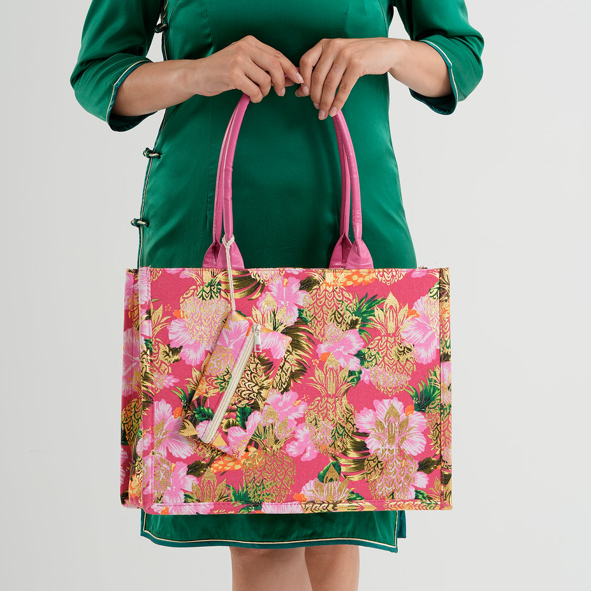 Set of 2 Bahamas Pink Flower Printed Tote Bag with Matching Coin Pouch - Red V32513180 3