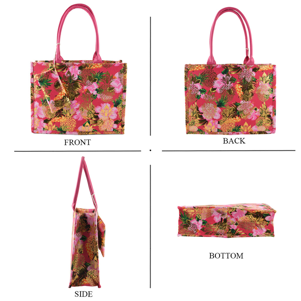 Set of 2 Bahamas Pink Flower Printed Tote Bag with Matching Coin Pouch - Red_8574465_4