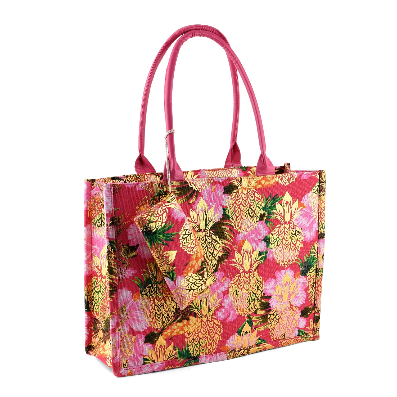 Set of 2 Bahamas Pink Flower Printed Tote Bag with Matching Coin Pouch - Red V32513180 6