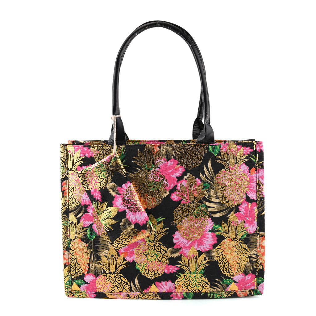 Set of 2 Bahamas Pink Flower Printed Tote Bag with Matching Coin Pouch - Black_8574466