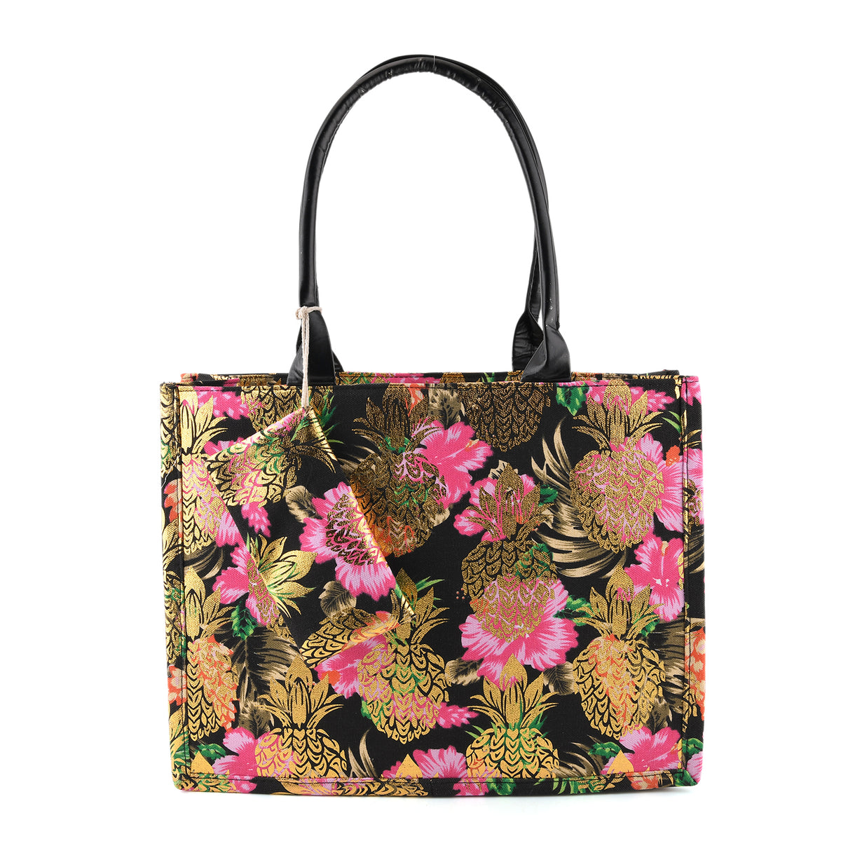 Set of 2 Bahamas Pink Flower Printed Tote Bag with Matching Coin Pouch - Black V32513181 0
