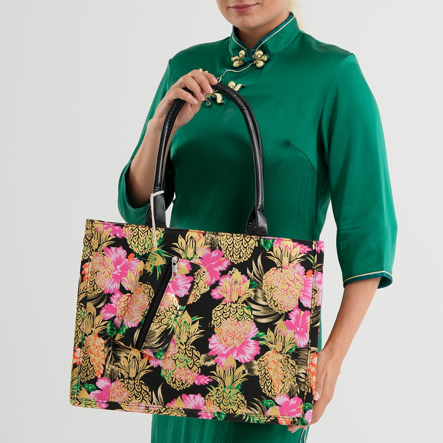 Set of 2 Bahamas Pink Flower Printed Tote Bag with Matching Coin Pouch - Black V32513181 3