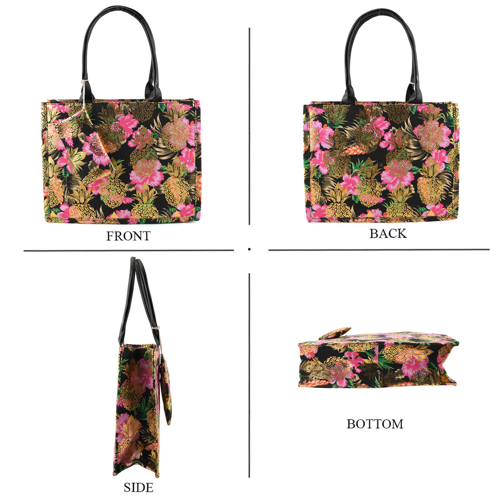 Set of 2 Bahamas Pink Flower Printed Tote Bag with Matching Coin Pouch - Black_8574466_4