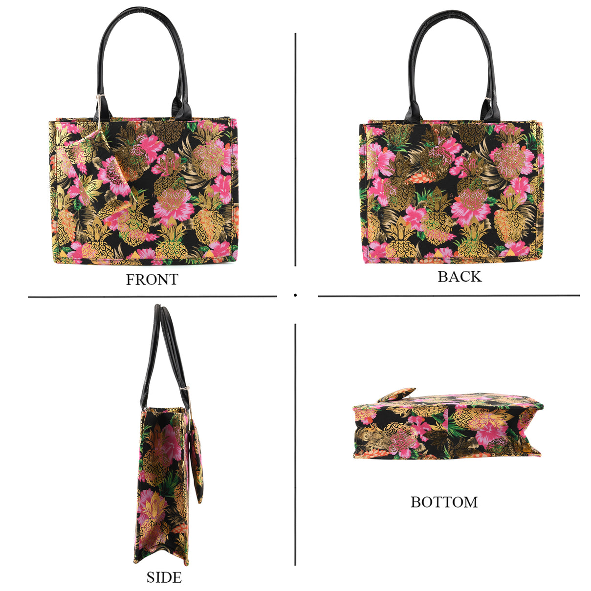 Set of 2 Bahamas Pink Flower Printed Tote Bag with Matching Coin Pouch - Black V32513181 4