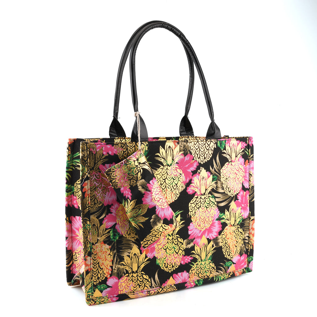 Set of 2 Bahamas Pink Flower Printed Tote Bag with Matching Coin Pouch - Black_8574466_6