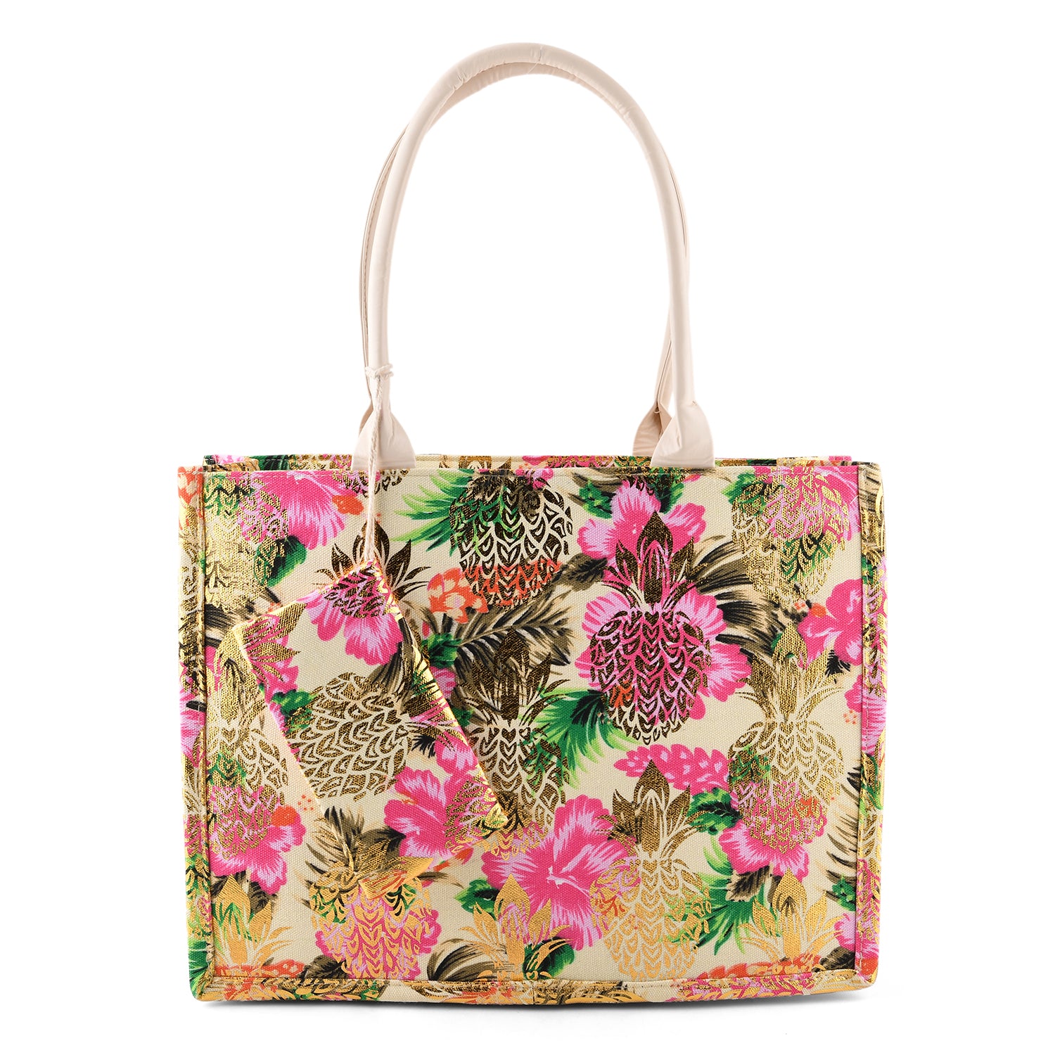 Set of 2 Bahamas Printed Tote Bag with Matching Coin Pouch - White &amp; Pink Flower V32516061 0