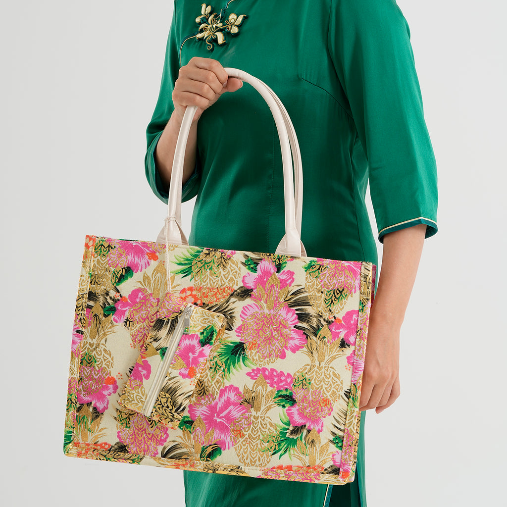 Set of 2 Bahamas Printed Tote Bag with Matching Coin Pouch - White & Pink Flower_8574467_3