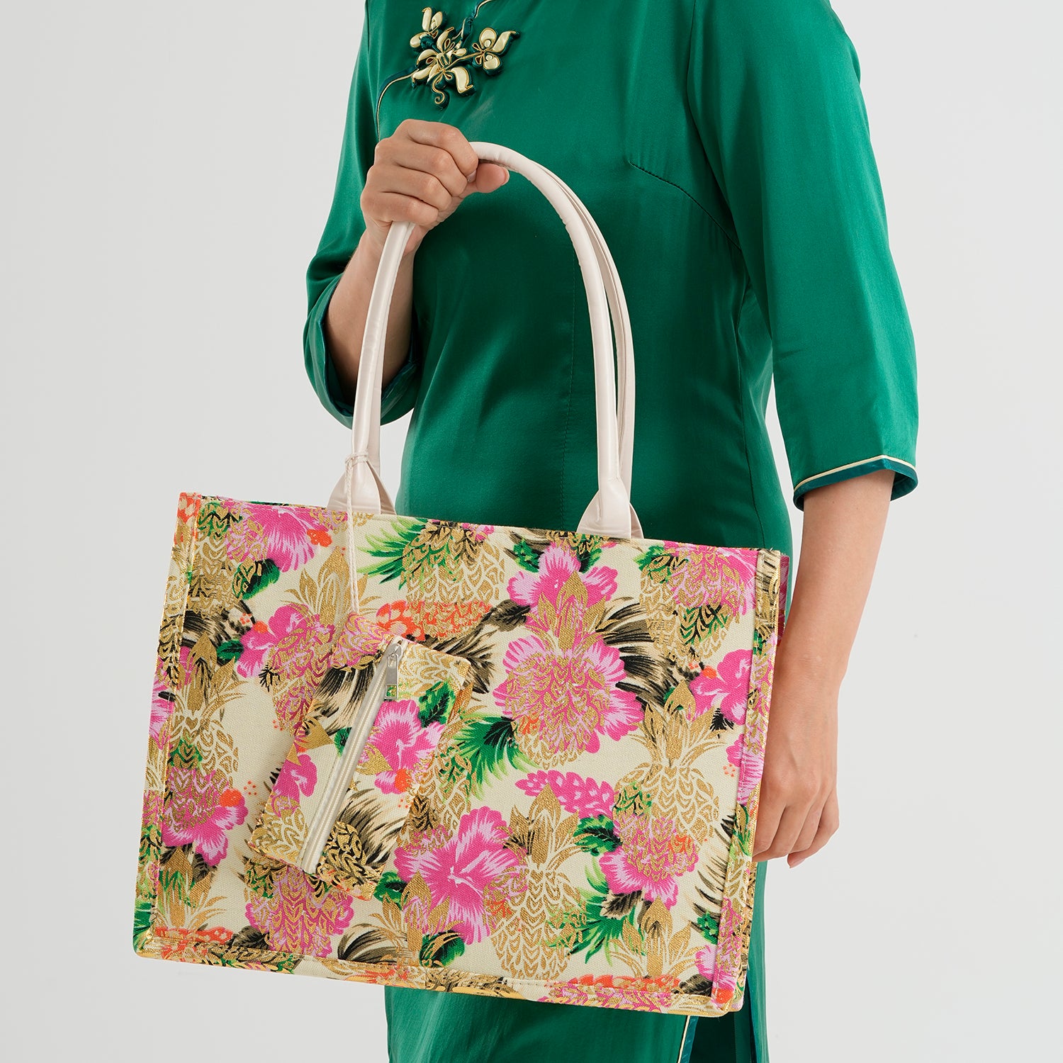 Set of 2 Bahamas Printed Tote Bag with Matching Coin Pouch - White &amp; Pink Flower V32516061 3