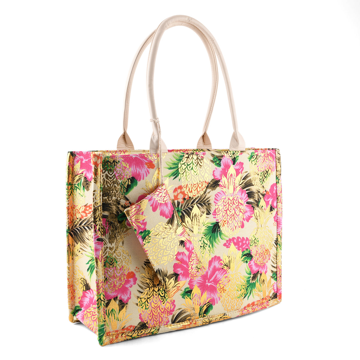 Set of 2 Bahamas Printed Tote Bag with Matching Coin Pouch - White &amp; Pink Flower V32516061 6