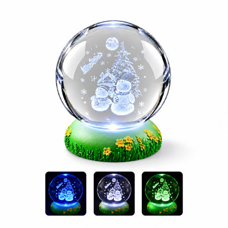 3D Laser-Engraved Crystal Ball LED Night Light - Christmas Snowmen with Santa's Sleigh, Moon, &amp; Pine Tree (8cm) 8574481 1