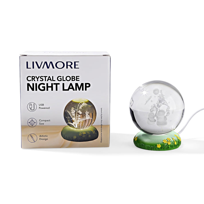 3D Laser-Engraved Crystal Ball LED Night Light - Christmas Snowmen with Santa's Sleigh, Moon, &amp; Pine Tree (8cm) 8574481 1