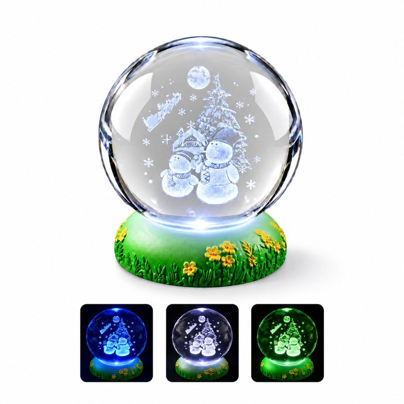 3D Laser-Engraved Crystal Ball LED Night Light - Christmas Snowmen with Santa's Sleigh, Moon, & Pine Tree (8cm)_8574481