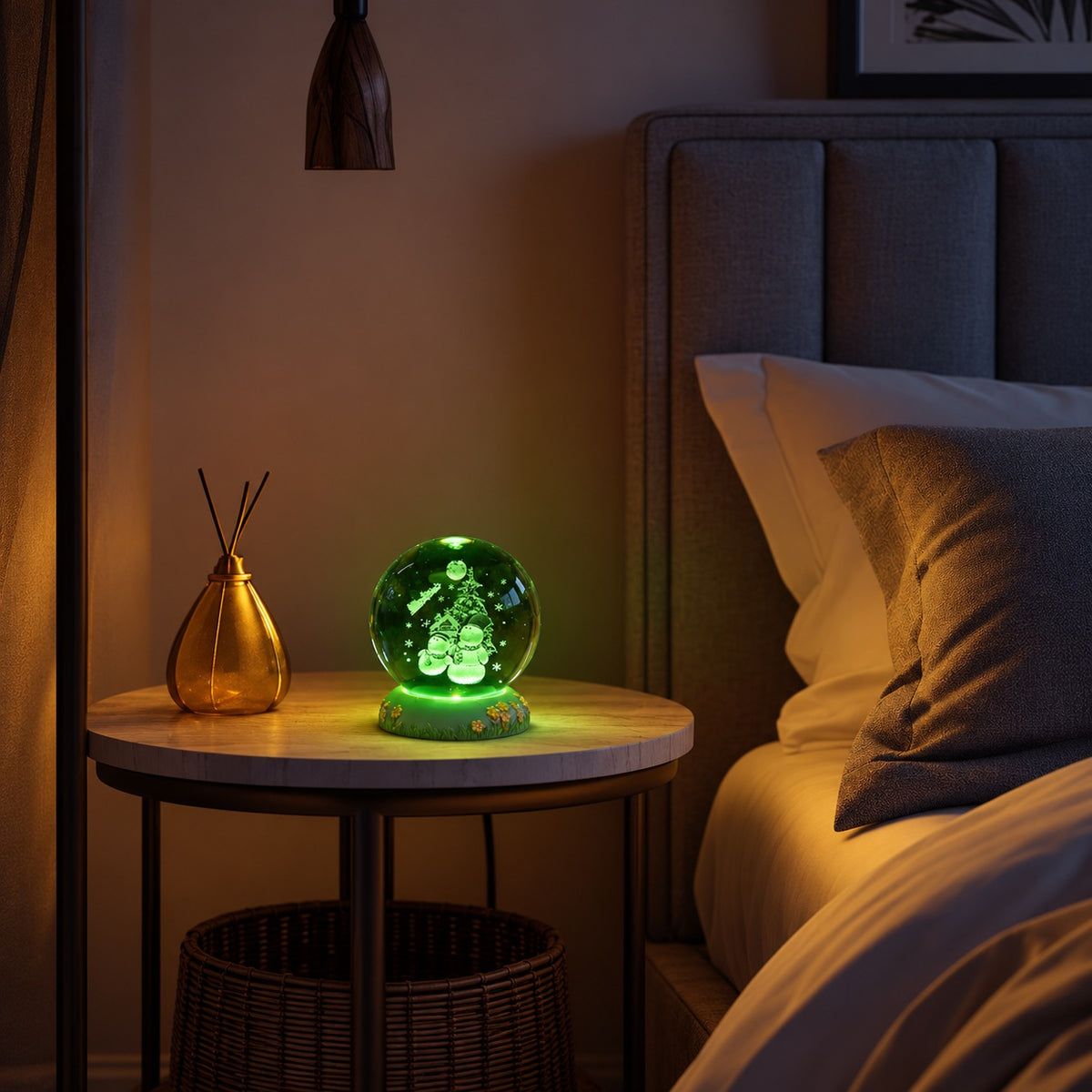 3D Laser-Engraved Crystal Ball LED Night Light - Christmas Snowmen with Santa's Sleigh, Moon, &amp; Pine Tree (8cm) 8574481 2