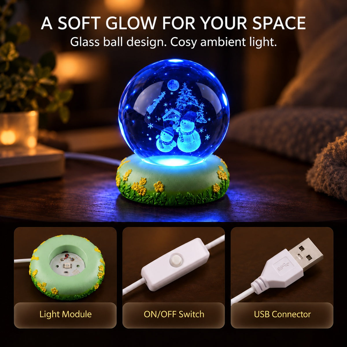 3D Laser-Engraved Crystal Ball LED Night Light - Christmas Snowmen with Santa's Sleigh, Moon, &amp; Pine Tree (8cm) 8574481 3