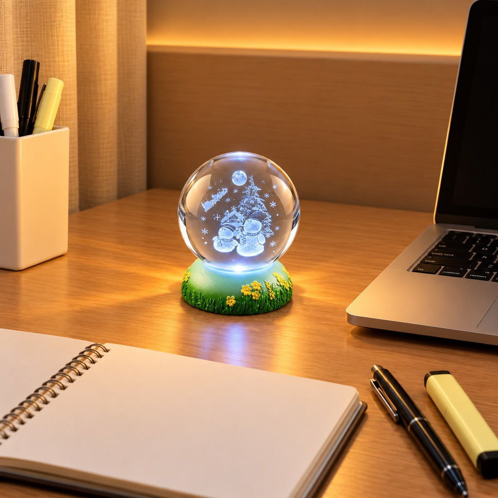 3D Laser-Engraved Crystal Ball LED Night Light - Christmas Snowmen with Santa's Sleigh, Moon, & Pine Tree (8cm)_8574481_3